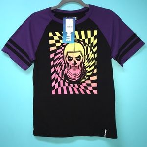 NWT. Fortnite short sleeve shirt. Youth Large. 100% cotton. Black and purple.